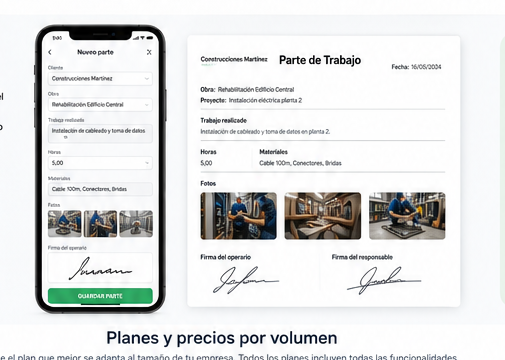 Ejemplo conceptual de un parte de trabajo en móvil y documento