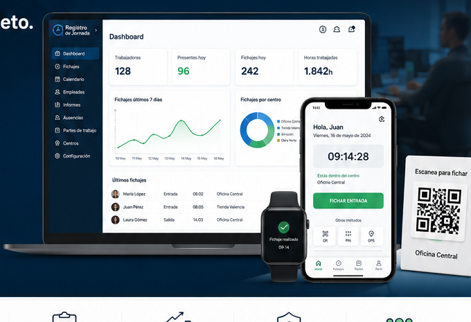 Captura real del dashboard de administración de Registro de Jornada, con indicadores, métricas diarias y accesos rápidos